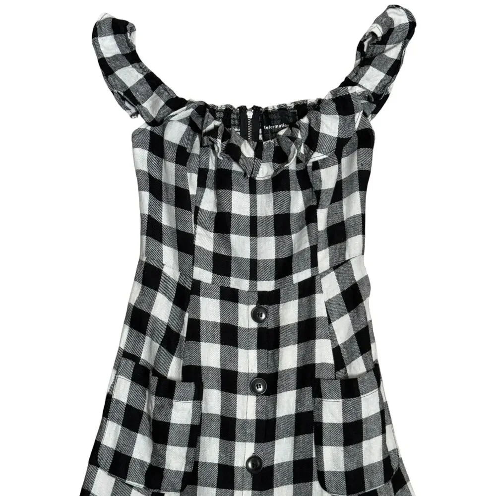 Reformation Hattie Linen Midi Dress Gingham Black White Size 6 Off the Shoulder - Picture 7 of 11